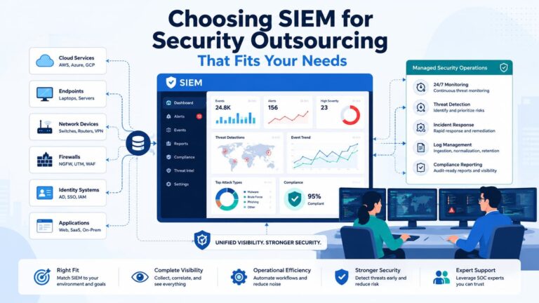 An IT team choosing SIEM for security outsourcing with unified visibility and managed SOC operations.