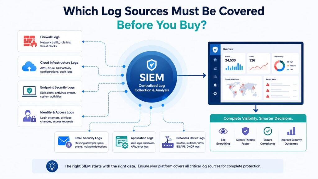 A SIEM diagram showing log sources for choosing SIEM for security outsourcing coverage decisions.