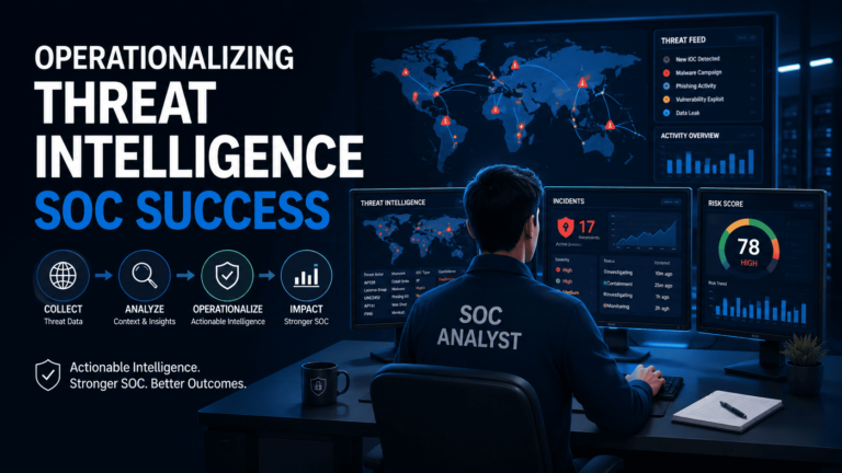 SOC analyst monitoring dashboards, operationalizing threat intelligence SOC workflows for actionable cybersecurity outcomes.