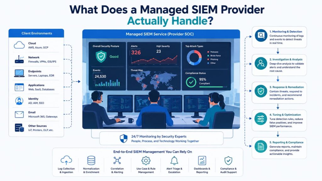 A SOC team choosing SIEM for security outsourcing to handle monitoring, response, and compliance tasks.