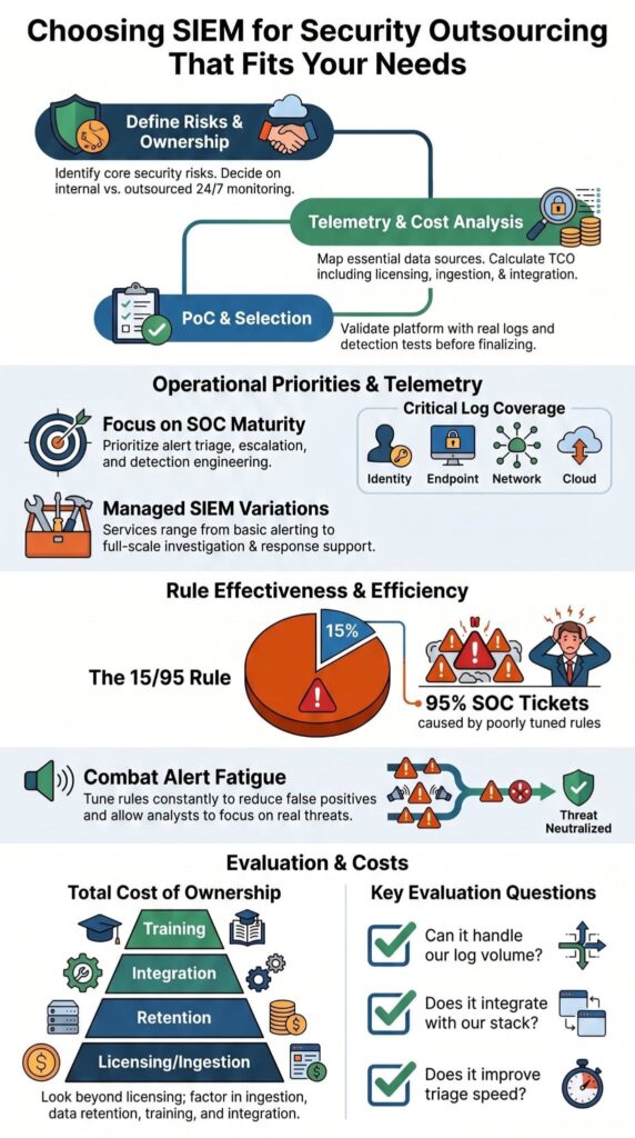 A flowchart guide for choosing SIEM for security outsourcing covering costs, rules, and evaluation steps.
