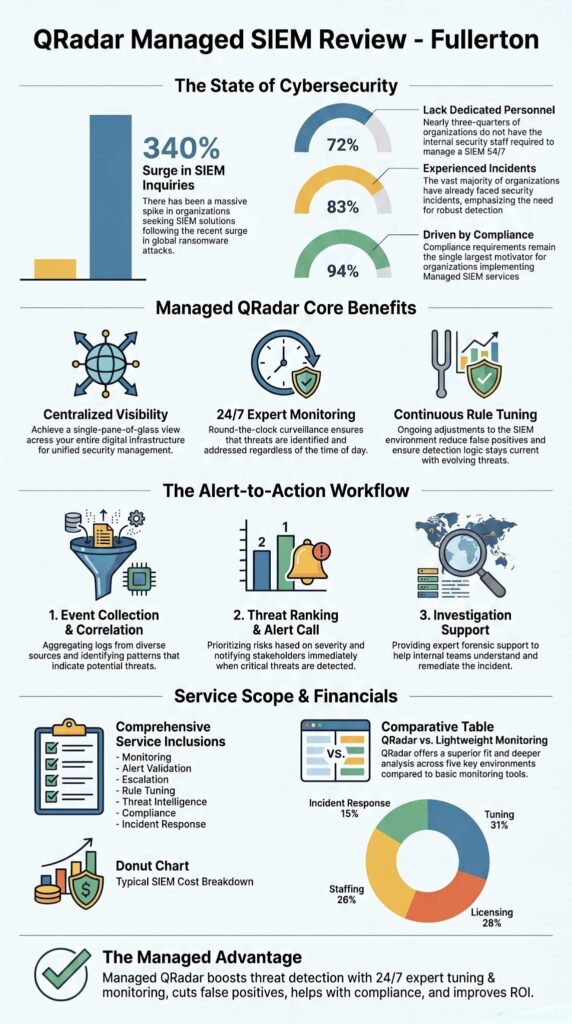 Infographic summarizing Qradar managed Siem review in Fullerton covering cybersecurity stats, core benefits, and cost breakdown.