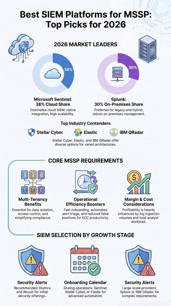 Infographic highlighting the best SIEM platforms for MSSP with market share and selection guide.