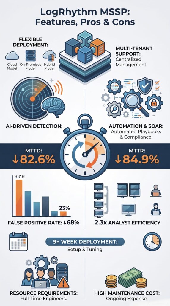 Infographic of LogRhythm MSSP features pros cons highlighting AI detection, MTTD, MTTR, and deployment considerations.