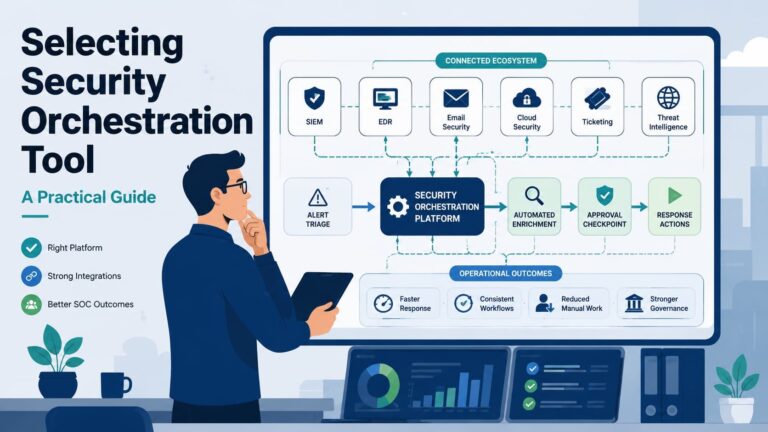 A practical guide to selecting a security orchestration tool with a connected ecosystem workflow diagram.