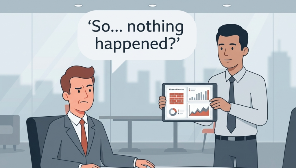 Boardroom illustration showing a confused executive, highlighting the need for an mssp client communication strategy 