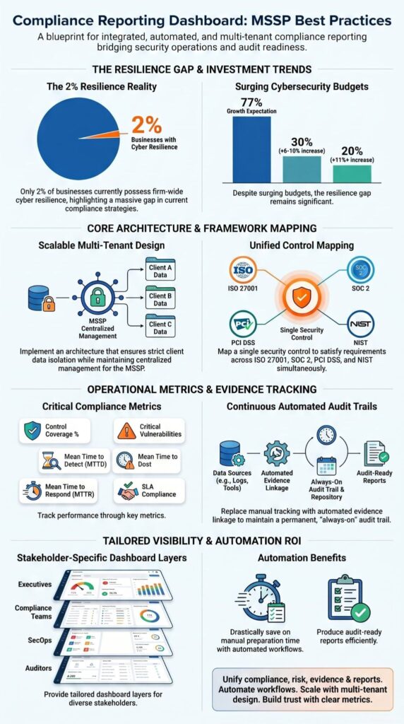 Infographic blueprint of compliance reporting dashboard MSSP best practices covering architecture, metrics, and automation ROI.