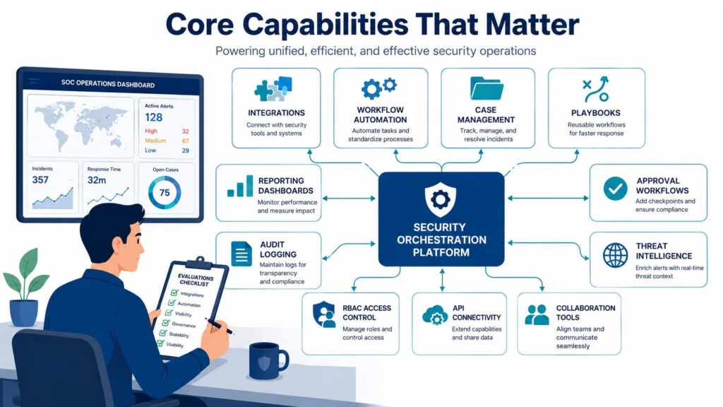 Core capabilities for selecting security orchestration tools including automation, RBAC, playbooks, and threat intelligence.