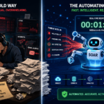 SOC analyst overwhelmed by alerts contrasted with SOAR robot automating threat intel response in real time
