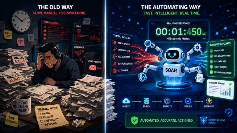 SOC analyst overwhelmed by alerts contrasted with SOAR robot automating threat intel response in real time