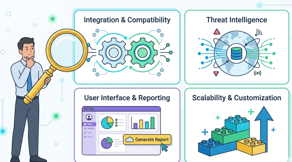Vector graphic showing evaluation of security stack, focusing on critical technology and platforms utilized for modern protection.
