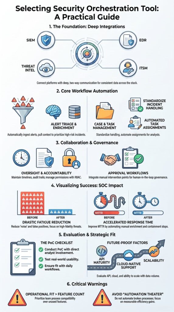 A step-by-step infographic for selecting security orchestration tool covering integrations, automation, and SOC impact.