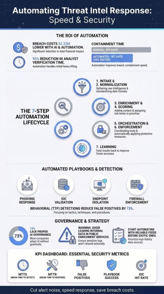 Infographic showing ROI and lifecycle steps for automating threat intel response with speed and security