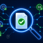 A magnifying glass examining verified security icons, representing validating threat intelligence sources across networks.