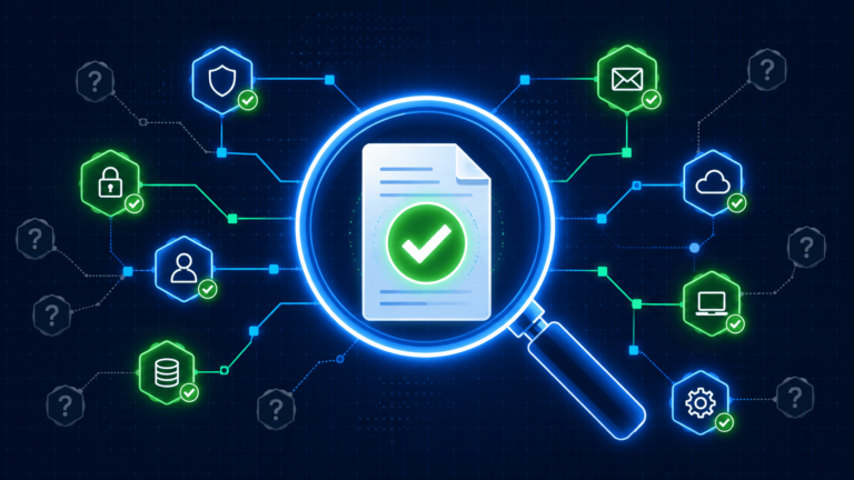 A magnifying glass examining verified security icons, representing validating threat intelligence sources across networks.