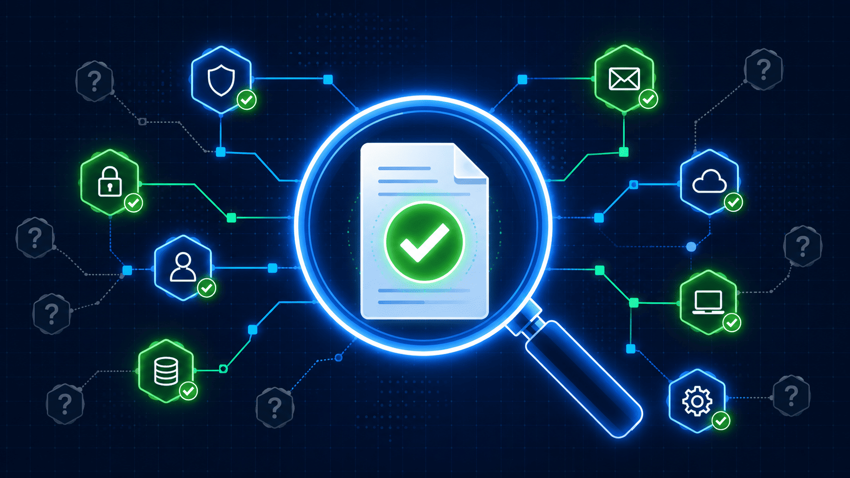 A magnifying glass examining verified security icons, representing validating threat intelligence sources across networks.