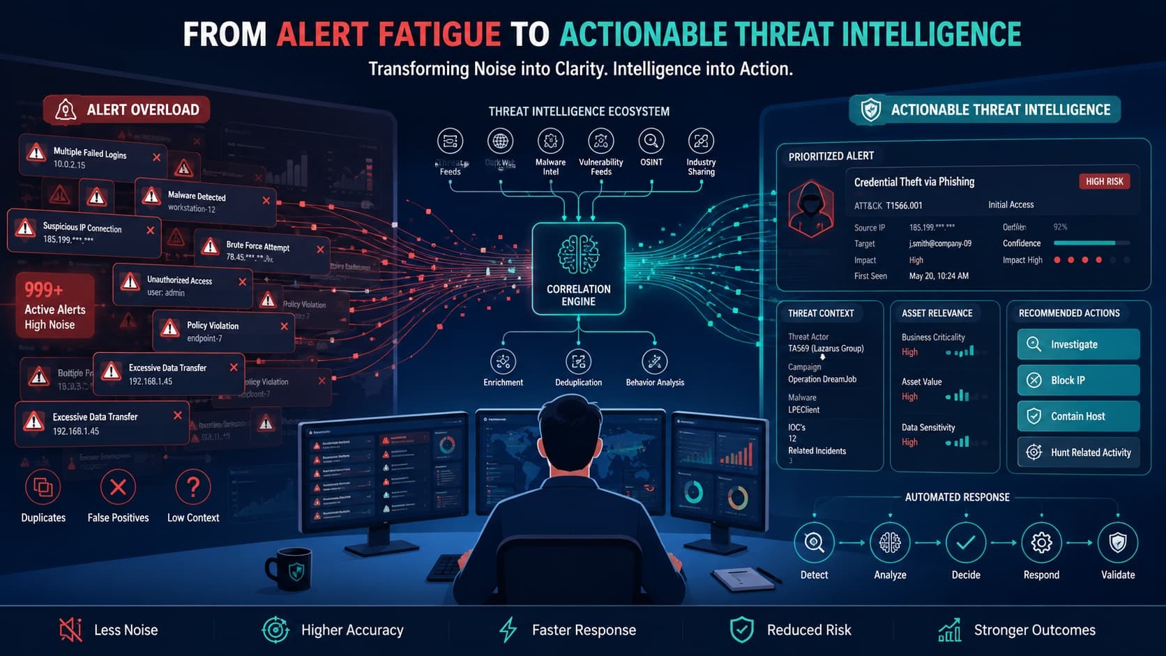 SOC analyst dashboard illustrating actioning threat intelligence alerts by transforming noisy alert overload into prioritized, automated responses.