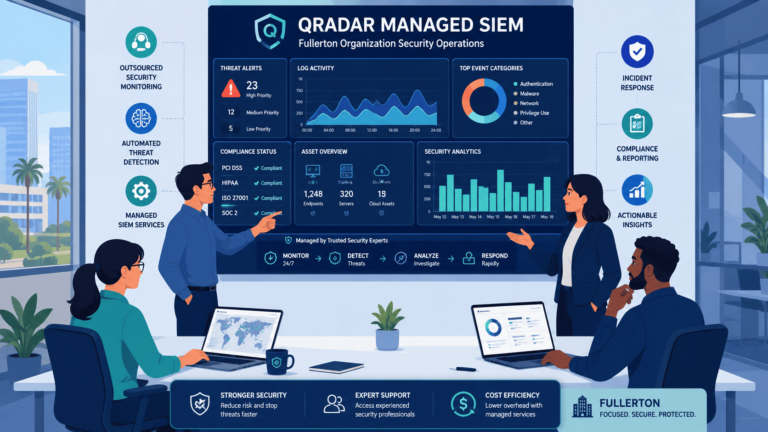 Security team monitors live dashboard during Qradar managed Siem review in Fullerton showing compliance and threat alert status.