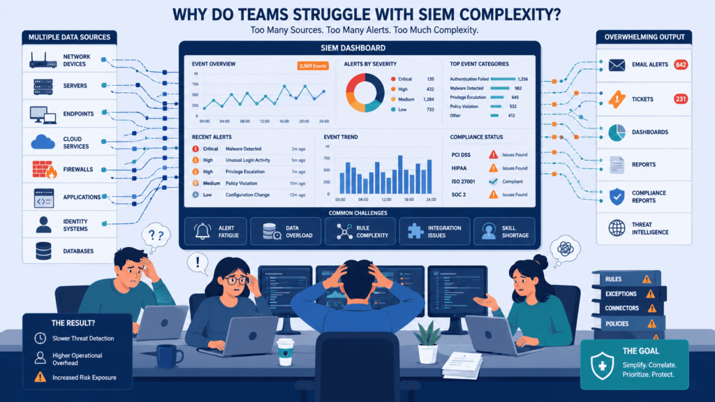 Overwhelmed IT team illustrates challenges addressed in Qradar managed Siem review in Fullerton including alert fatigue and data overload.