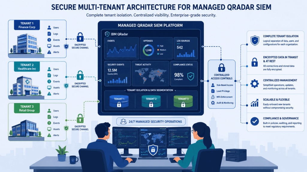 Diagram from qradar managed siem review in Fullerton displaying secure multi-tenant isolation across finance, healthcare, retail.