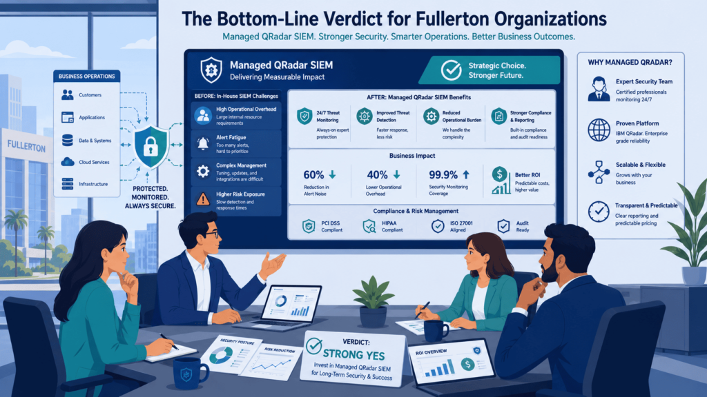 A team reviews qradar managed siem review in Fullerton showing 60% alert reduction and 99.9% security coverage outcomes.