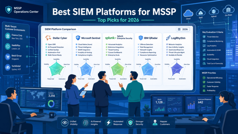 MSSP SOC team comparing best SIEM platforms for MSSP on a large display showing radar charts.