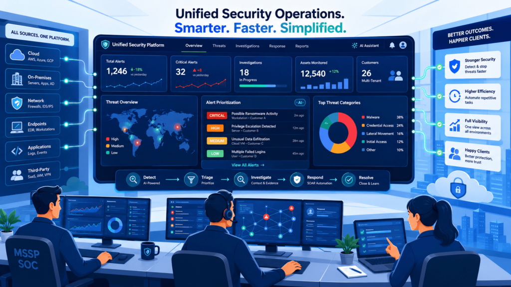 MSSP SOC analysts monitoring unified security dashboard representing best SIEM platforms for MSSP.