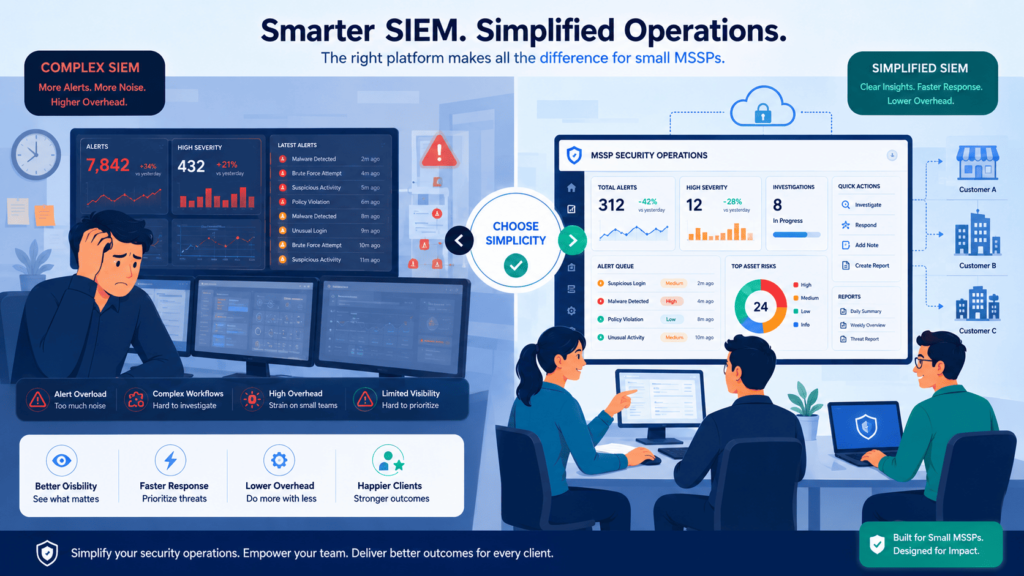 Side-by-side comparison of complex vs simplified best SIEM platforms for MSSP operations.