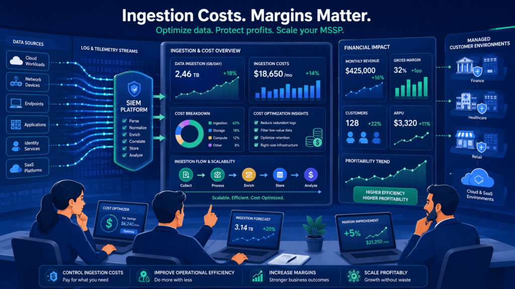 MSSP team analyzing ingestion costs and margins using best SIEM platforms for MSSP profitability.
