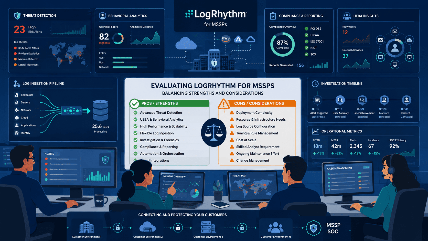 LogRhythm MSSP features pros cons dashboard showing threat detection, compliance reporting, and behavioral analytics.