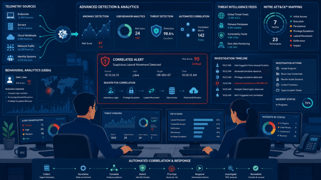 SOC analysts reviewing LogRhythm MSSP features pros cons through advanced detection, UEBA, and correlated alert panels.