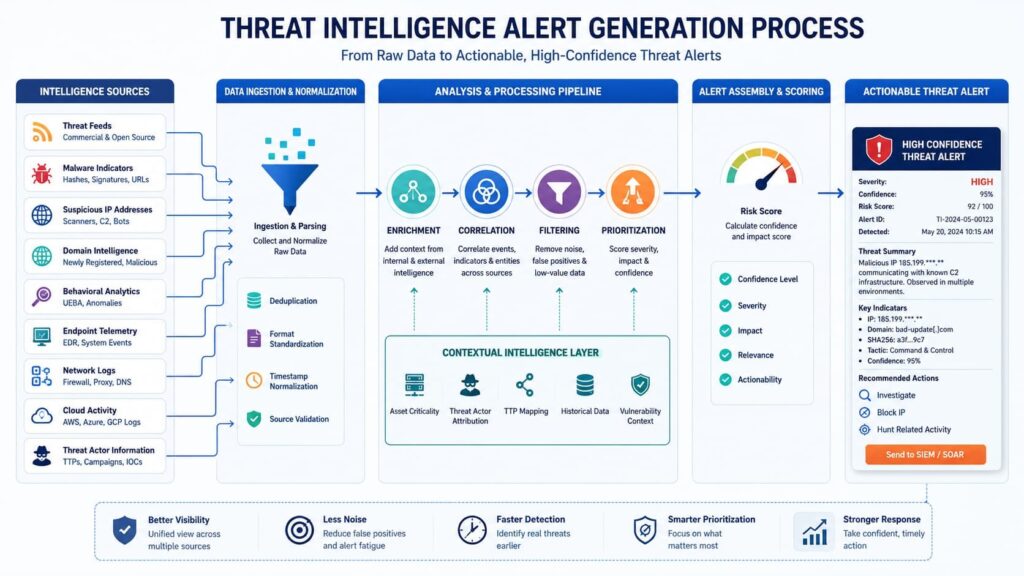 Flowchart of the threat intelligence alert generation process for actioning threat intelligence alerts from raw data to high-confidence outputs.