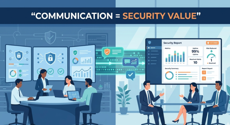 Vector flow chart tracking the step-by-step alert, update, and trust phases of an mssp client communication strategy. 