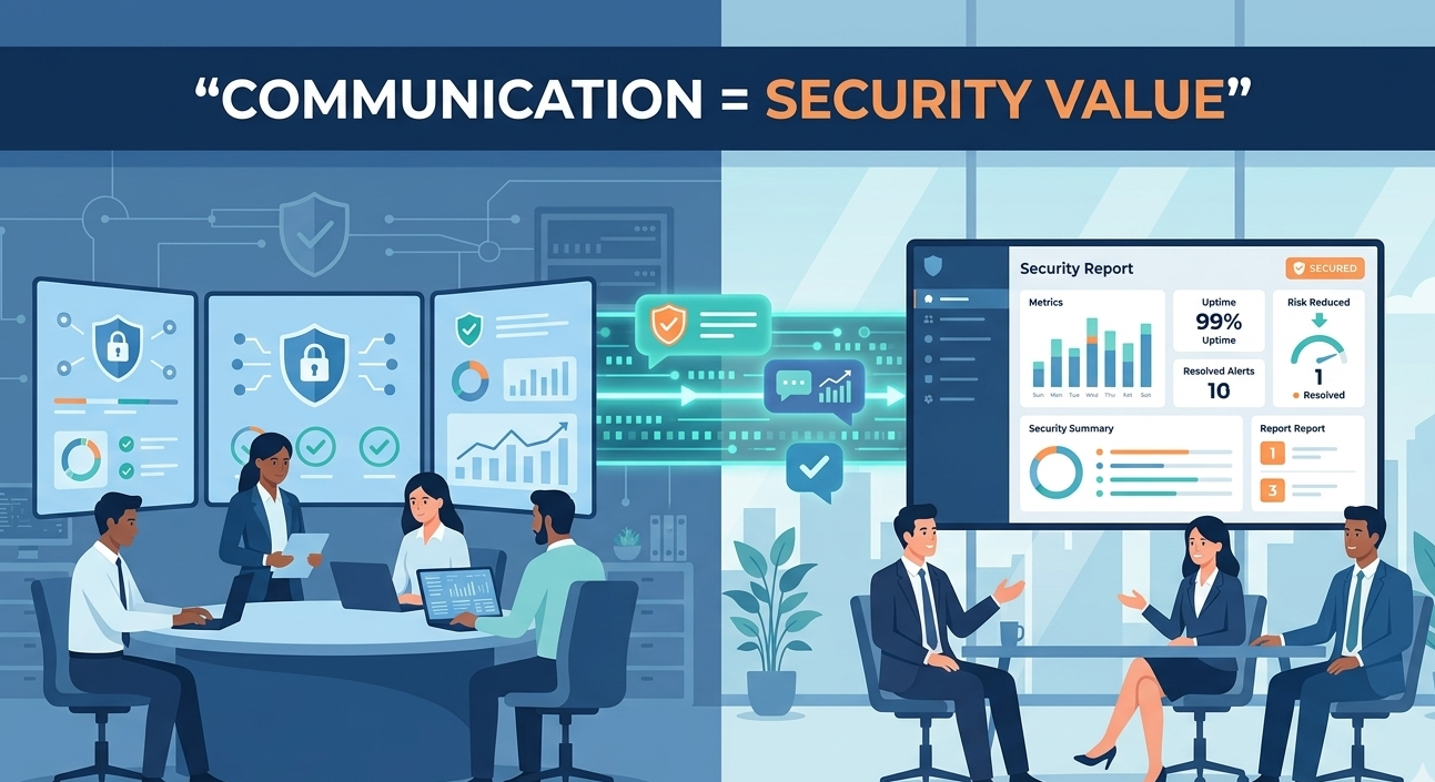 Vector flow chart tracking the step-by-step alert, update, and trust phases of an mssp client communication strategy. 