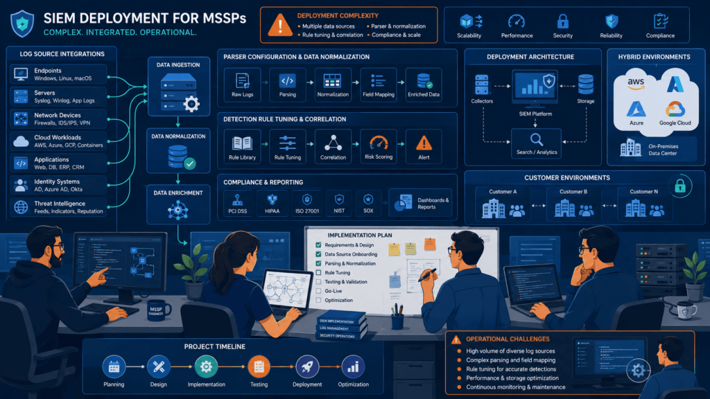 SIEM deployment diagram covering LogRhythm MSSP features pros cons including log ingestion, parsing, and compliance flow.