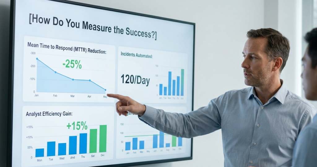 KPI dashboard monitoring the success of integrating soar with security stack systems via MTTR reduction. 