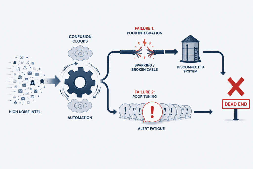 Operationalizing threat intelligence SOC failures illustrated: poor integration and poor tuning leading to alert fatigue dead ends.