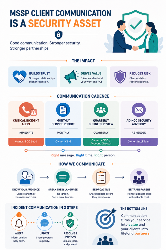 An infographic outlining the impact and timeline steps of an mssp client communication strategy.