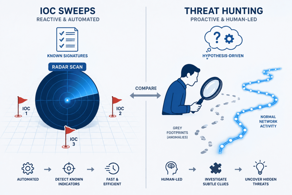 Comparison diagram of IOC sweeps versus threat hunting approaches used in operationalizing threat intelligence SOC operations.