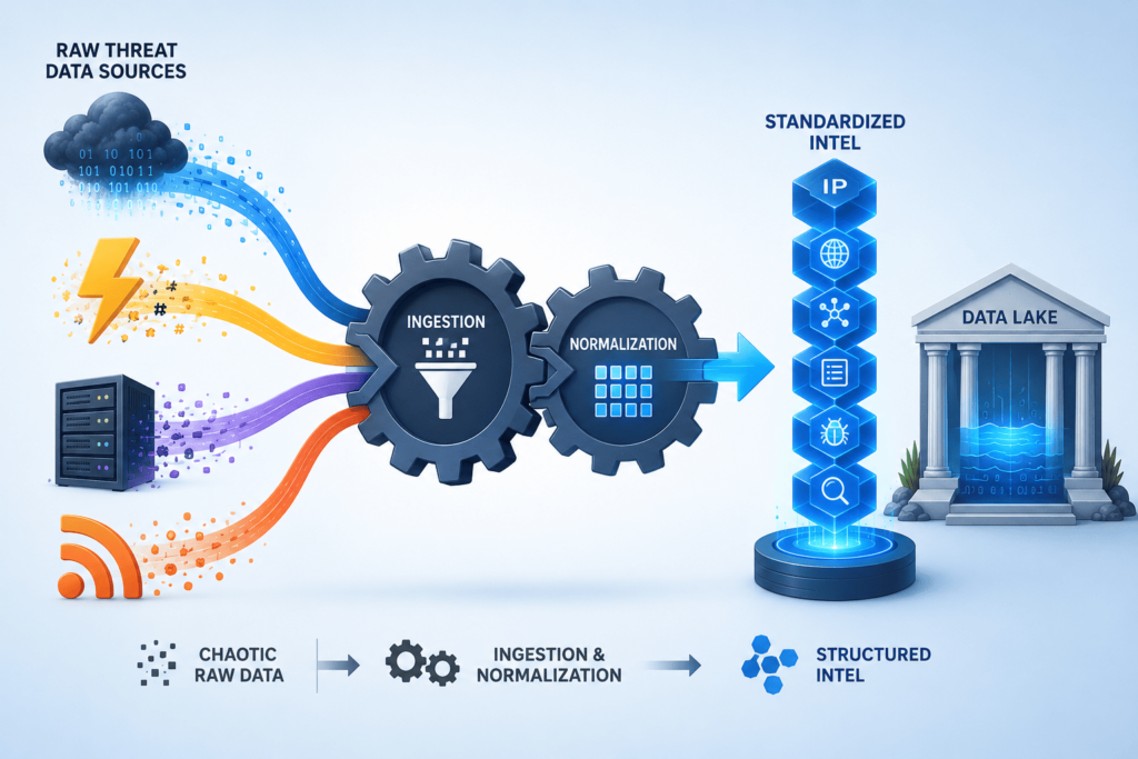 Raw threat data sources flowing through ingestion and normalization gears into a structured intel data lake.