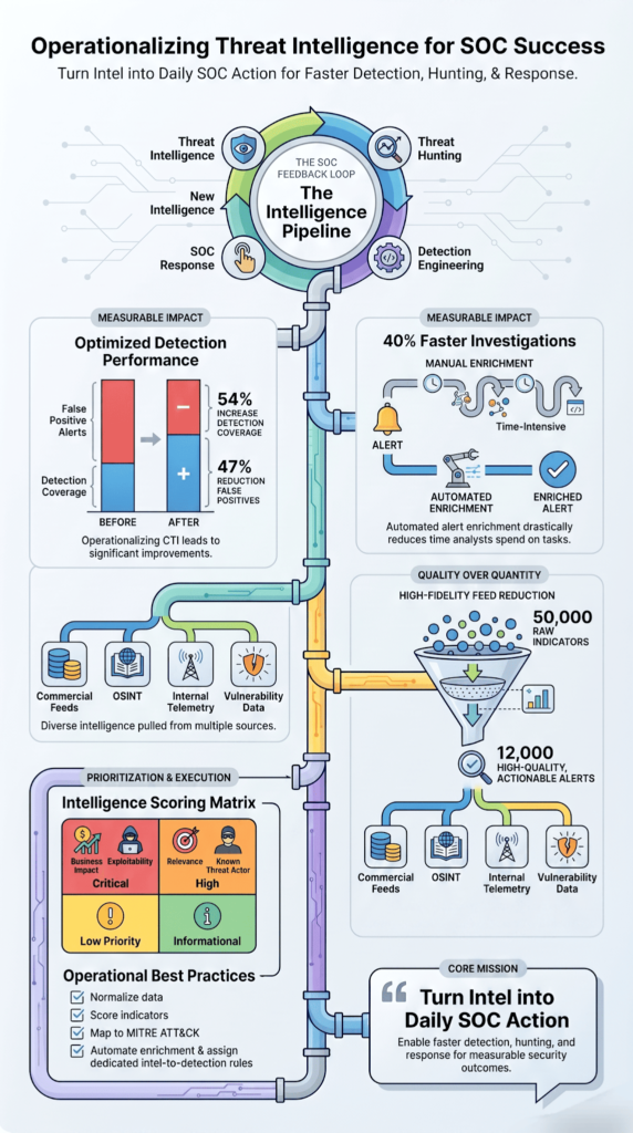 Infographic showing operationalizing threat intelligence SOC pipeline with detection metrics, scoring matrix, and feedback loop.