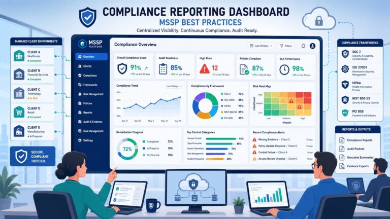 A compliance reporting dashboard MSSP overview showing scores, risk heatmap, and multi-client compliance metrics.