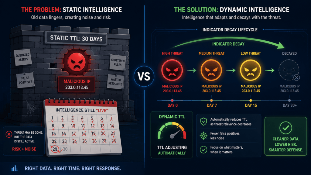 Static vs dynamic TTL comparison showing how automating threat intel response reduces false positives and risk