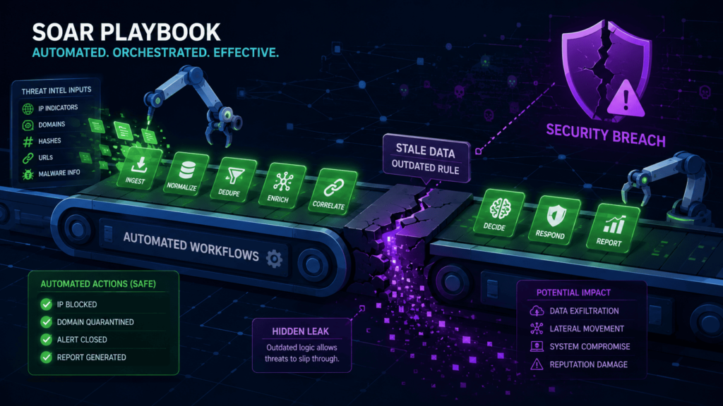 SOAR playbook conveyor belt illustrating automated workflows for automating threat intel response effectively