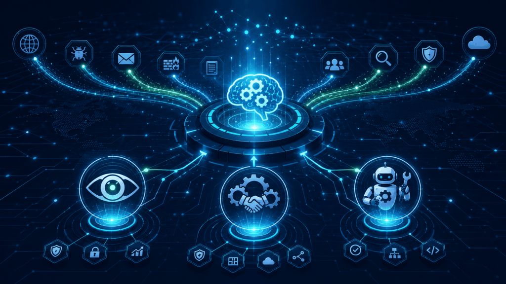 AI brain hub connected to security tools representing automating threat intel response across cyber operations