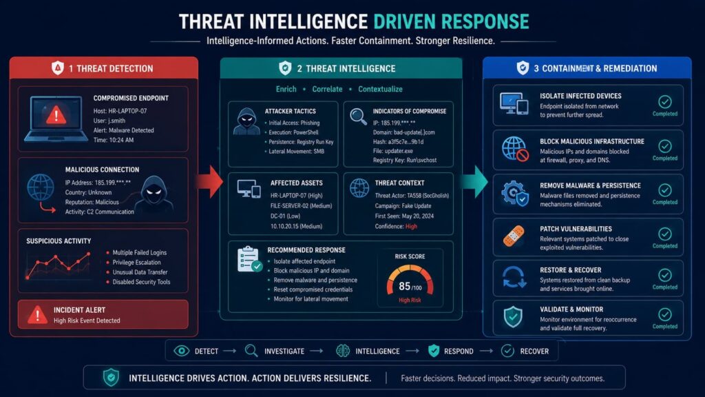 Three-phase incident response framework for actioning threat intelligence alerts from threat detection through containment and remediation.