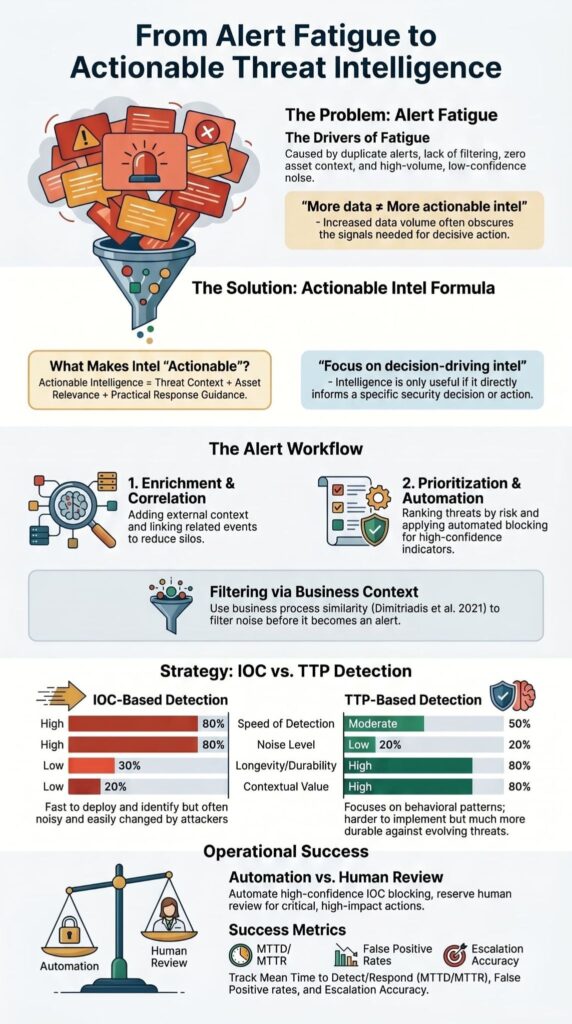 Infographic showing a strategy for actioning threat intelligence alerts by reducing alert fatigue through IOC vs TTP detection.