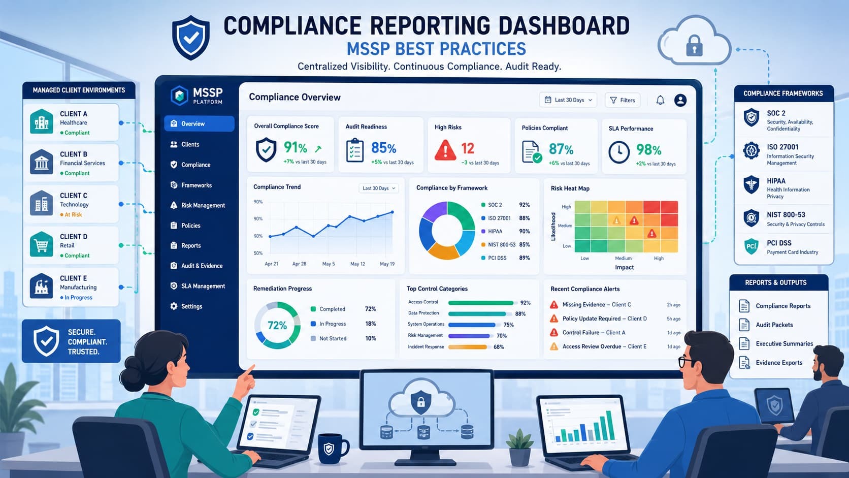 A compliance reporting dashboard MSSP overview showing scores, risk heatmap, and multi-client compliance metrics.