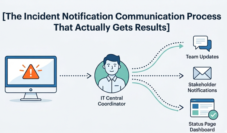 Diagram showing an IT Central Coordinator managing updates in the incident notification communication process for a managed event. 