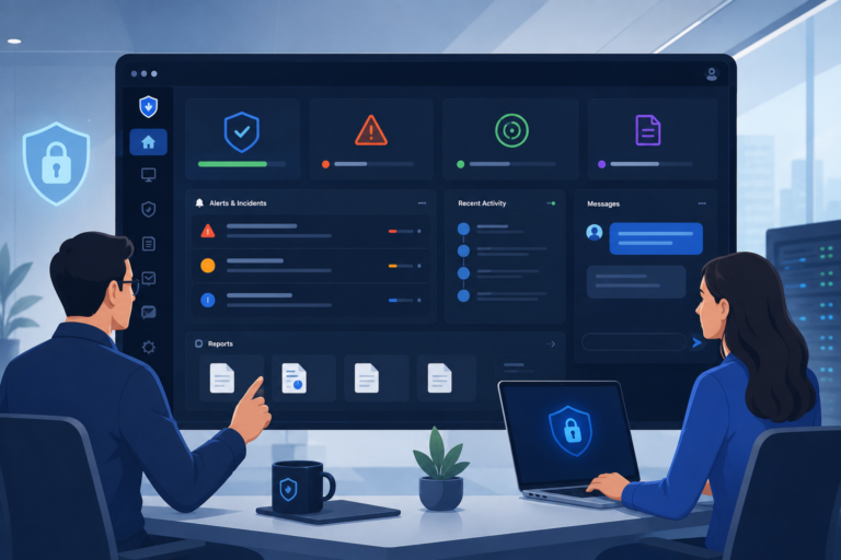 MSSP client portal user experience showing secure dashboards, incident tracking, and client security management